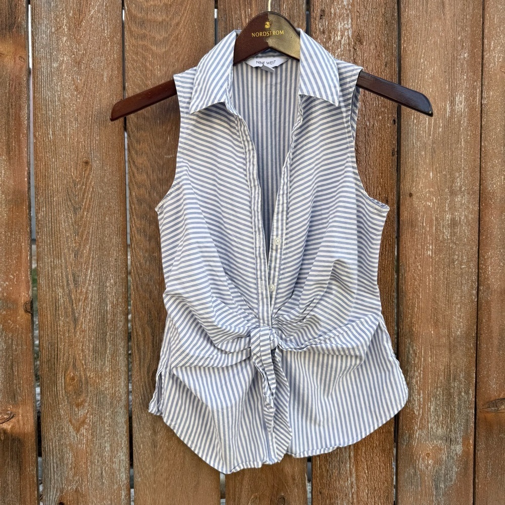 Nine West Women's Blue White Striped Button Down Tie Shirt Size XS